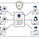 AI acceptable use policy: flat vector of a central policy document guiding staff using AI tools within safe boundaries.
