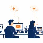 Office team using AI tools at their desks with AI assistant icons linked to email and document workflows