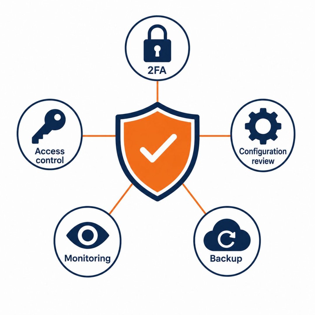 Cloud security controls closing customer-side gaps: MFA, access control, config review, monitoring, backup