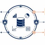 Data loss prevention: flat vector of sensitive documents being stopped at a protective boundary while ordinary files pass out of the business.