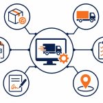 Freight software: flat vector of a central platform linking loads, truck assignment, manifests, tracking, proof of delivery, and invoicing in one system.