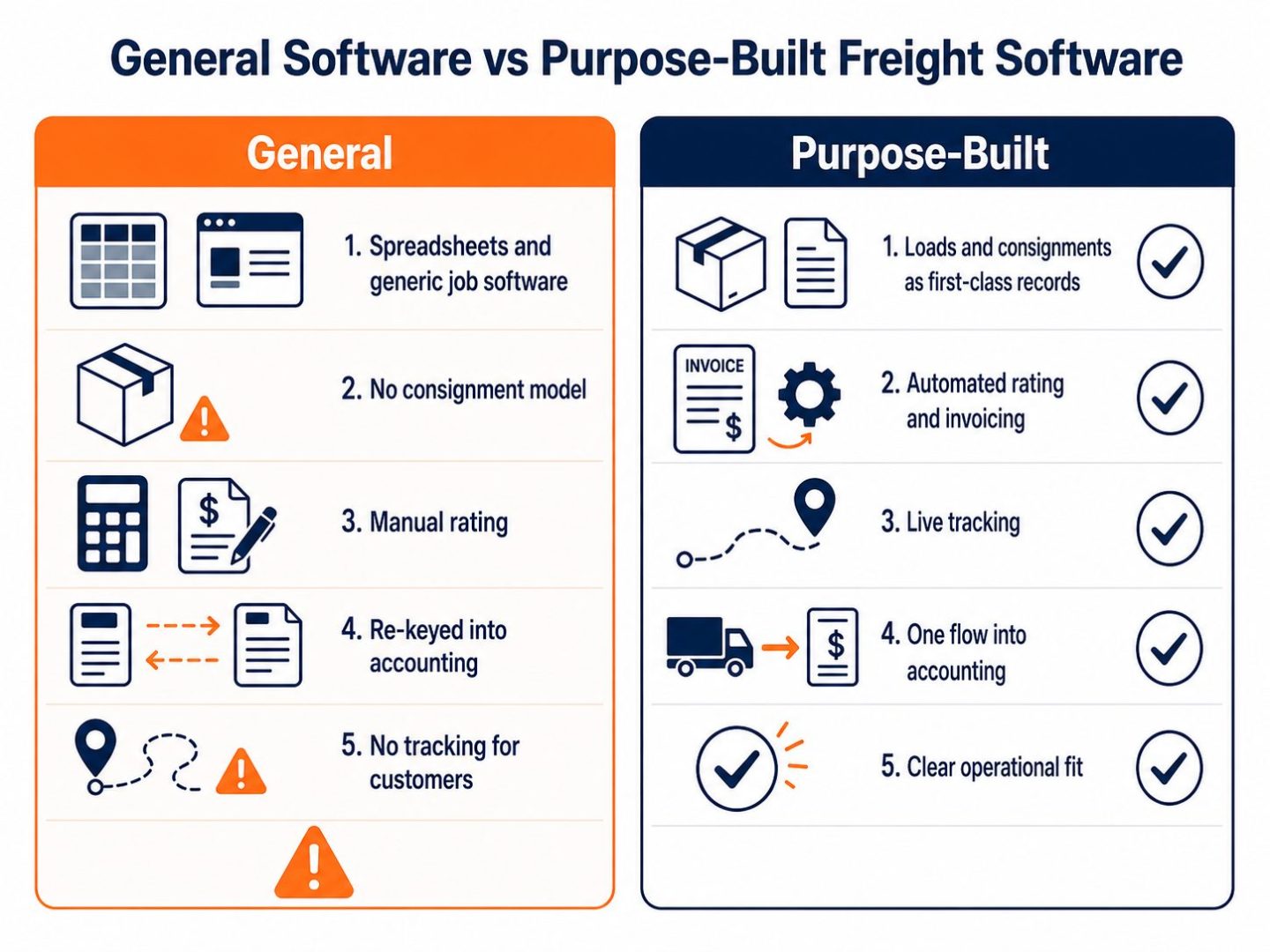 Freight software comparison: flat vector showing generic spreadsheets and job software versus a purpose-built platform with consignments, live tracking, and automated invoicing.