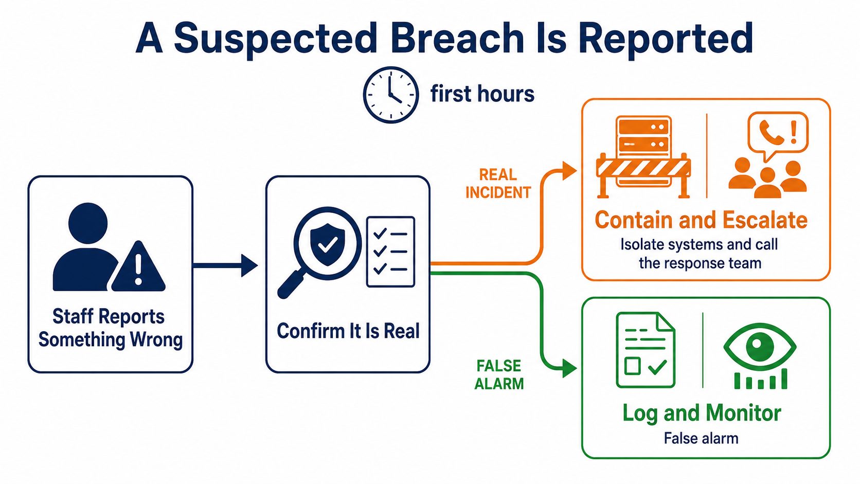 Incident response first hours: flat vector showing a reported issue confirmed as real then contained and escalated, or logged as a false alarm.