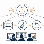 Incident response plan: flat vector of a detected security alert and an ordered response — detect, contain, eradicate, recover, and notify — worked calmly by a prepared team.