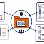 IT documentation: flat vector of a central records folder linked to a network diagram, asset list, and secure password vault.