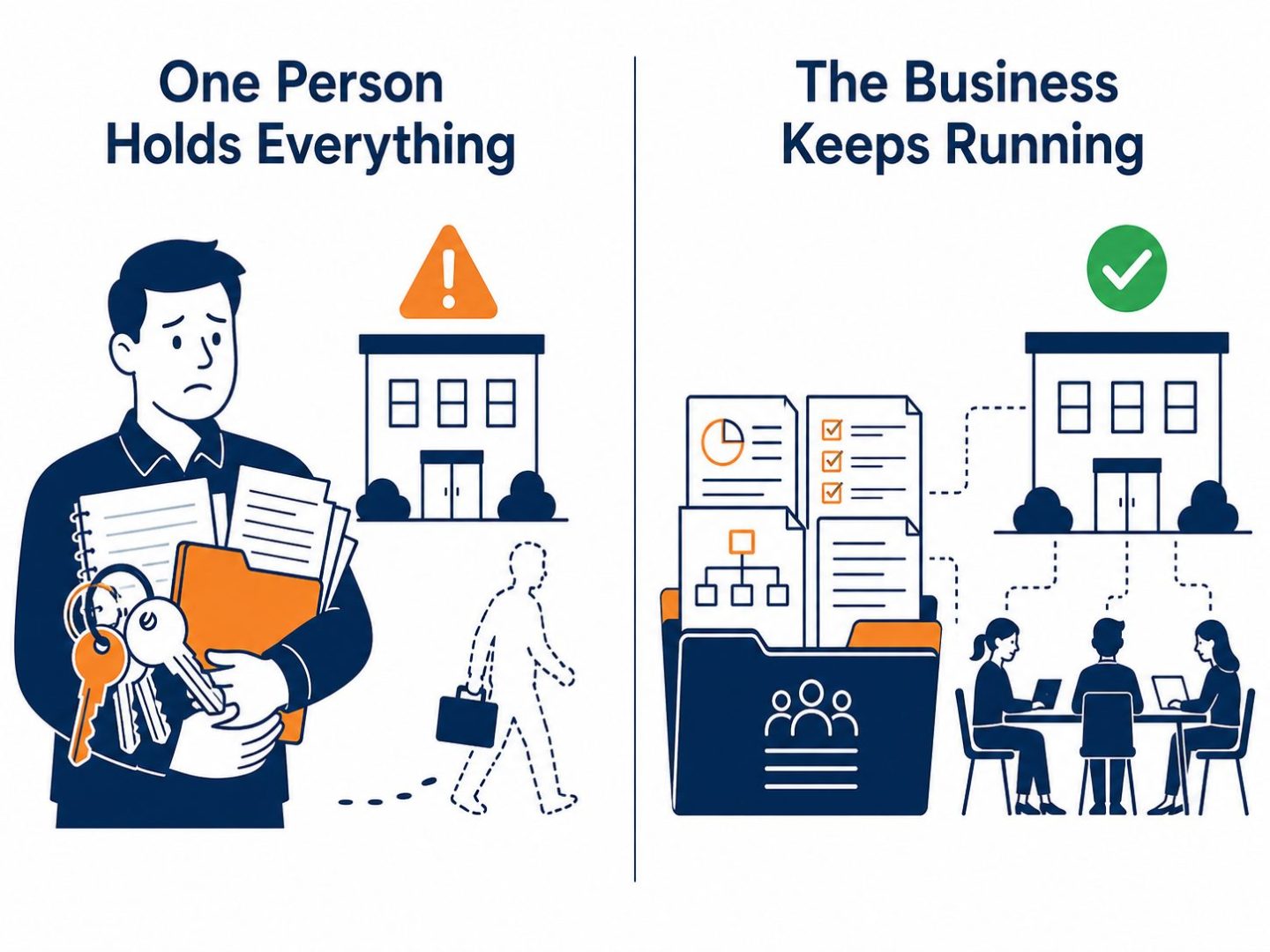 IT documentation comparison: flat vector showing key-person risk with undocumented IT versus a documented, resilient business
