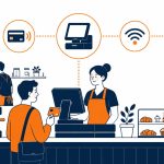IT for hospitality: flat vector of a venue counter with POS terminal, card payment, and guest WiFi running smoothly.