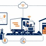 IT for logistics and transport: flat vector of a dispatch office, a truck with a driver tablet, and a depot connected by real-time freight tracking.