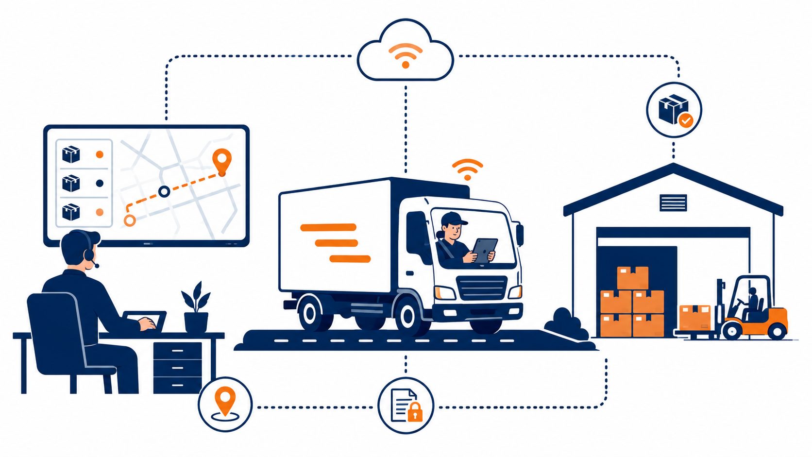 IT for logistics and transport: flat vector of a dispatch office, a truck with a driver tablet, and a depot connected by real-time freight tracking.
