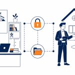 IT for property management: flat vector of an office and a mobile agent connected by data, with secure trust-account and tenant records.