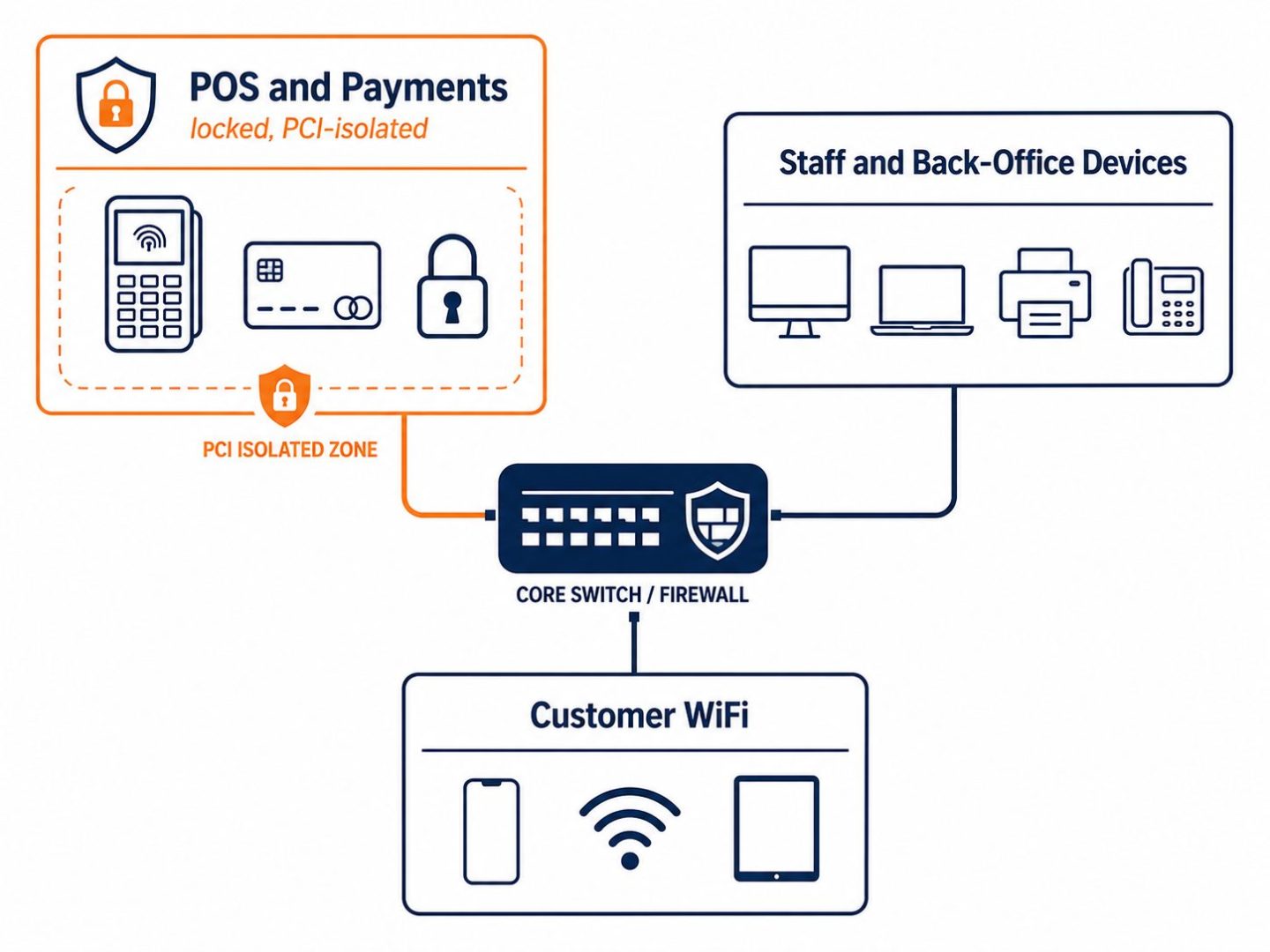 IT for retail network: flat vector showing isolated POS and payment network, staff and back-office devices, and separate customer WiFi.