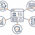 Lending software: flat vector of a central finPOWER Connect lending hub linking loans, repayments, accounts, compliance, and reporting.
