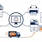 Managed print services: flat vector of a managed hub overseeing a printer fleet with toner supply, cost tracking, and a secure lock.