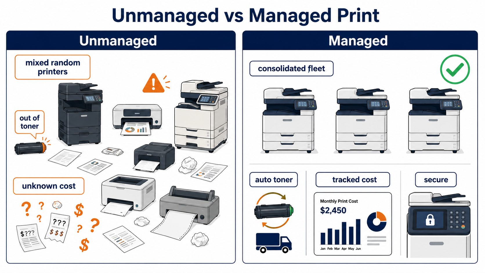 Managed print services comparison: flat vector showing unmanaged printers with hidden costs versus a monitored managed fleet.