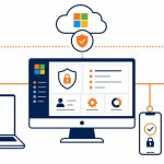 Microsoft Intune: flat vector of a central console enforcing security policies on laptop, phone, and tablet.