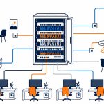 Network cabling: flat vector of a tidy comms cabinet with patch panel and coloured cables running out to office workstations