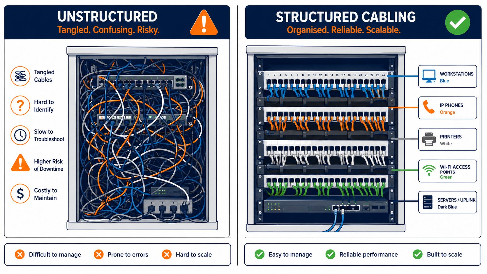 Network cabling comparison: flat vector showing a messy tangled cabinet versus a tidy structured patch panel.