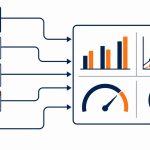 Power BI for business: flat vector of accounting, job, CRM, and spreadsheet data flowing into one dashboard with charts, trends, and gauges.