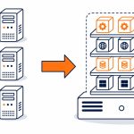 Server virtualisation: flat vector of several physical servers consolidating into one host running virtual machines.