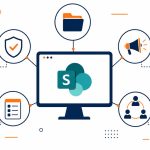 SharePoint intranet: flat vector of a central intranet home hub linked to files, policies, news, and team-site icons for staff.