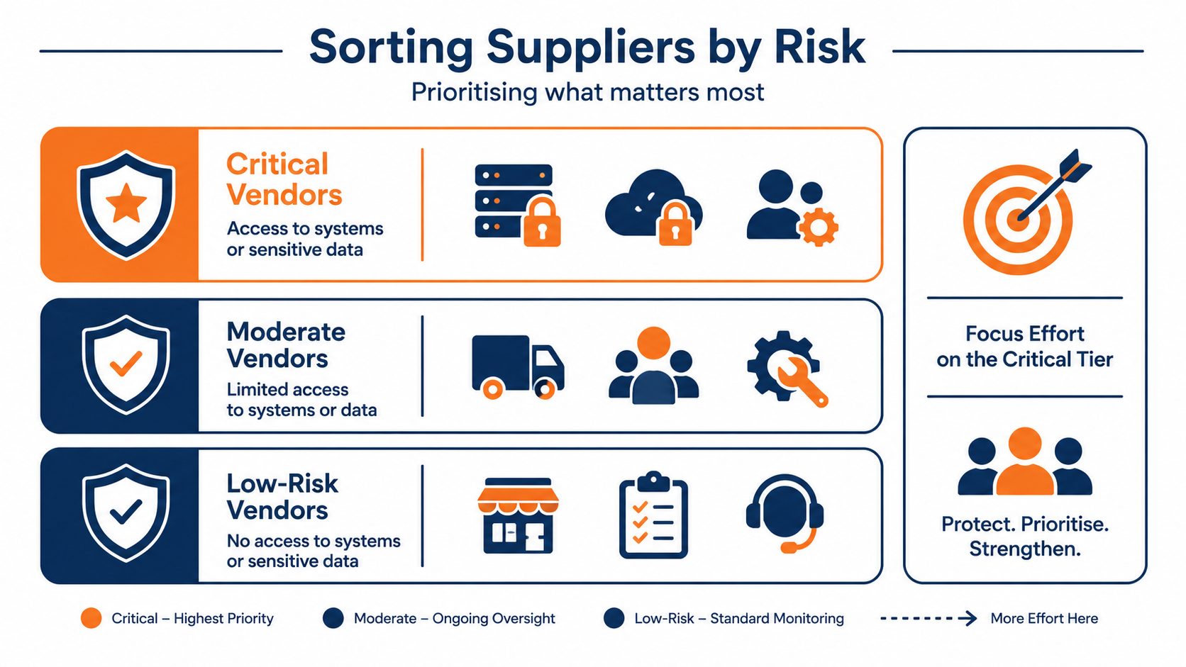 Supplier risk tiers: flat vector showing critical vendors with system or data access prioritised above moderate and low-risk vendors.