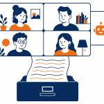 AI meeting assistants: flat vector illustration of an AI notetaker joining a video call and producing a stored transcript.