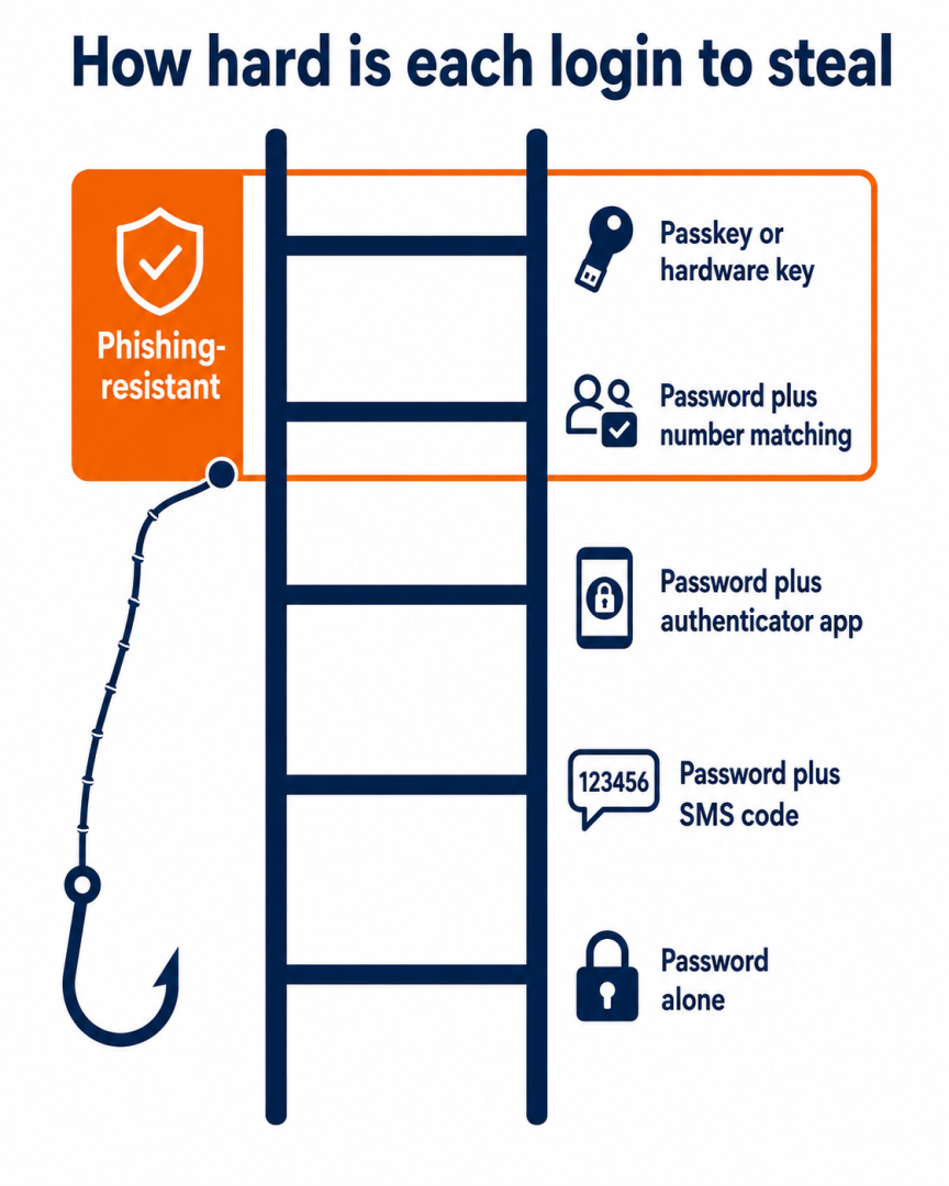 Authentication strength ladder: flat vector ranking passwords, SMS codes and passkeys by phishing resistance