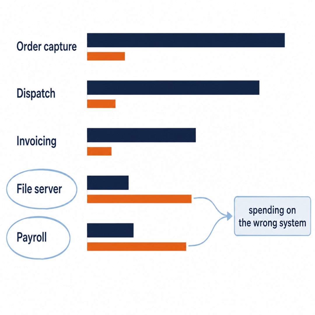 Business functions ranked by hourly downtime cost with current protection spend shown against each