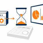 Business reporting software: flat vector illustration of operational data reaching a live reporting screen instead of a printed monthly spreadsheet.