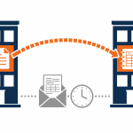 eInvoicing for business: flat vector illustration of an invoice passing as data between two companies' accounting systems.