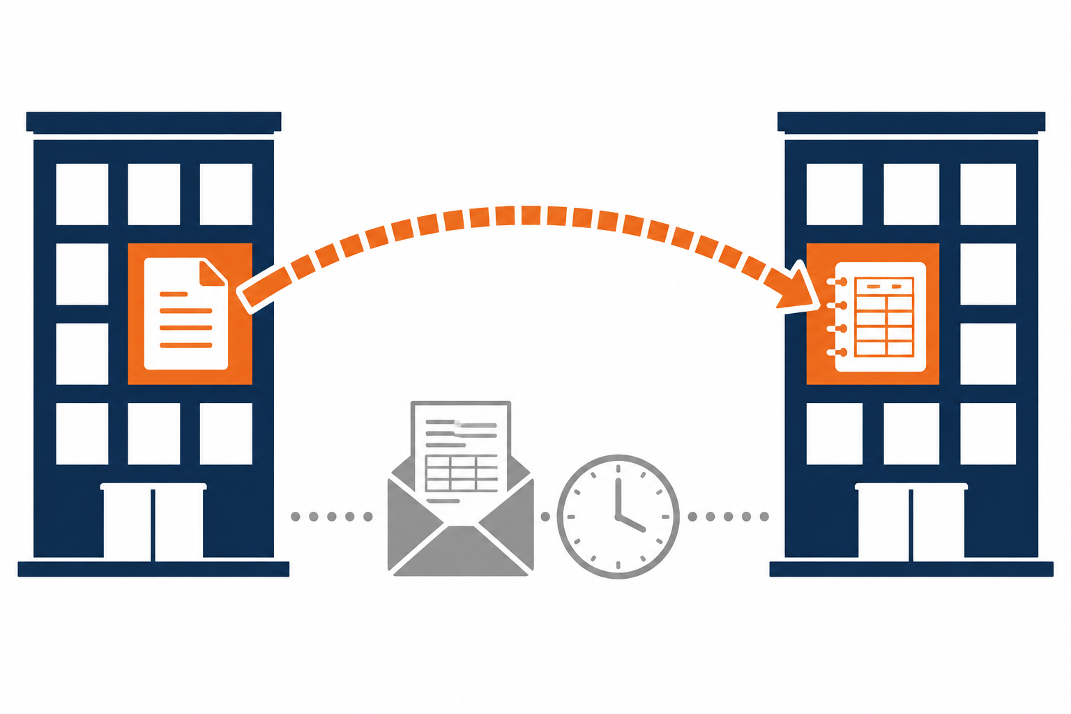 eInvoicing for business: flat vector illustration of an invoice passing as data between two companies' accounting systems.