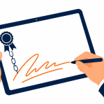 Electronic signatures for business: flat vector illustration of a document signed on a tablet and sealed without printing.