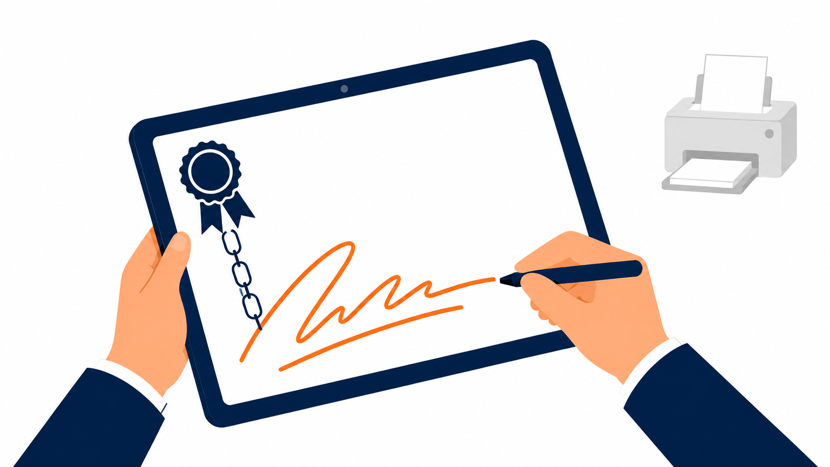 Electronic signatures for business: conceptual illustration of a document signed on a tablet instead of printed and scanned
