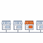 Franchise IT support: five identical franchise shopfronts connected to a head office, two of them off the group standard