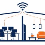 Guest WiFi for business: flat vector illustration of a separate visitor wireless network kept apart from the internal business network.