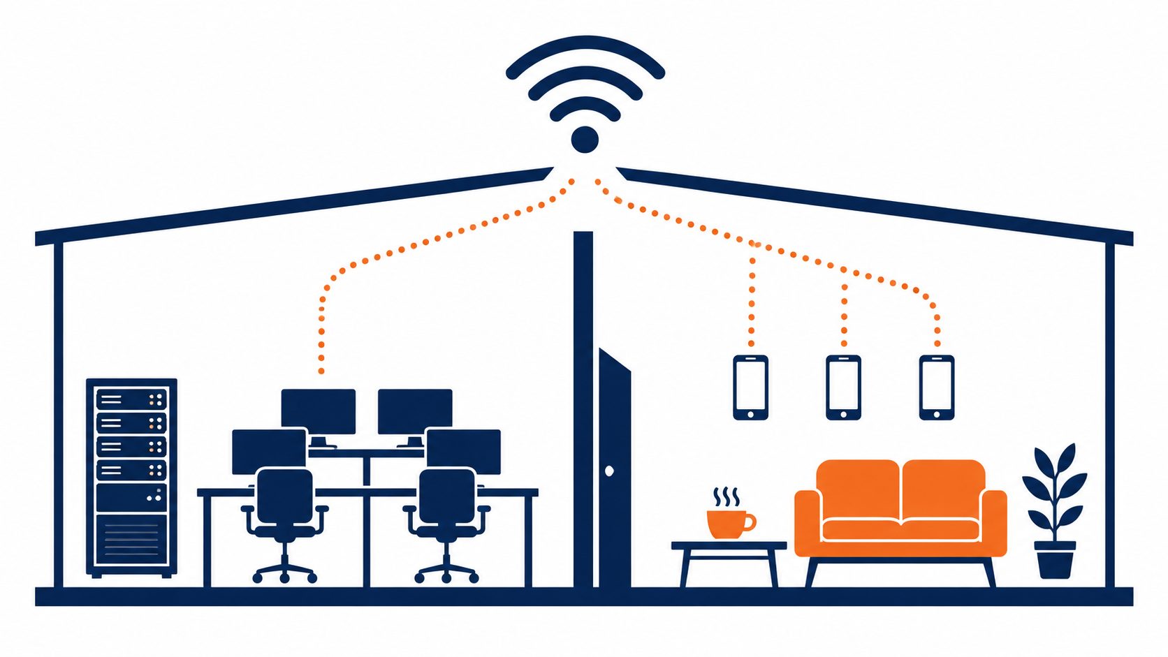 Guest WiFi for business: flat vector illustration of a separate visitor wireless network kept apart from the internal business network.