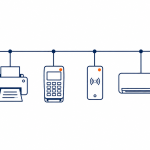 IoT security: flat vector illustration of business cameras, printers and controllers connected to one network line.