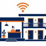 IT for accommodation: flat vector motel frontage with reception, guest rooms, wireless coverage and card payments