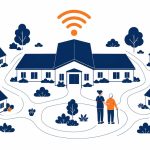 IT for aged care: flat vector of a retirement village campus with connected wings, standalone units and site-wide wireless coverage.