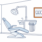 Flat vector banner showing a dental surgery with a chairside imaging screen connected to a practice server