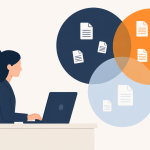 IT support for insurance brokers: adviser at a desk with three overlapping record circles behind them