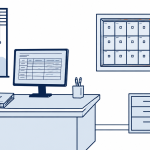IT support for law firms: a law office desk with a matter file and ledger screen in front of a deed safe