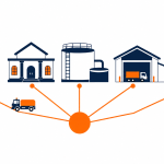 IT for local government: flat vector illustration of council service centres, libraries and depots connected to one shared council network.
