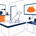 IT for veterinary practices: flat vector consult room with imaging screen, practice software laptop and card terminal.