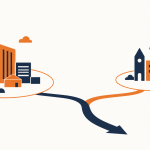 Flat vector banner showing two separate business IT environments approaching a single branching path after an acquisition