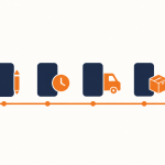 Flat vector banner showing a single job record moving from quote through scheduling and site work to invoice