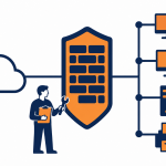 Managed firewall: flat vector of an internet connection passing through a maintained gateway into a business network.