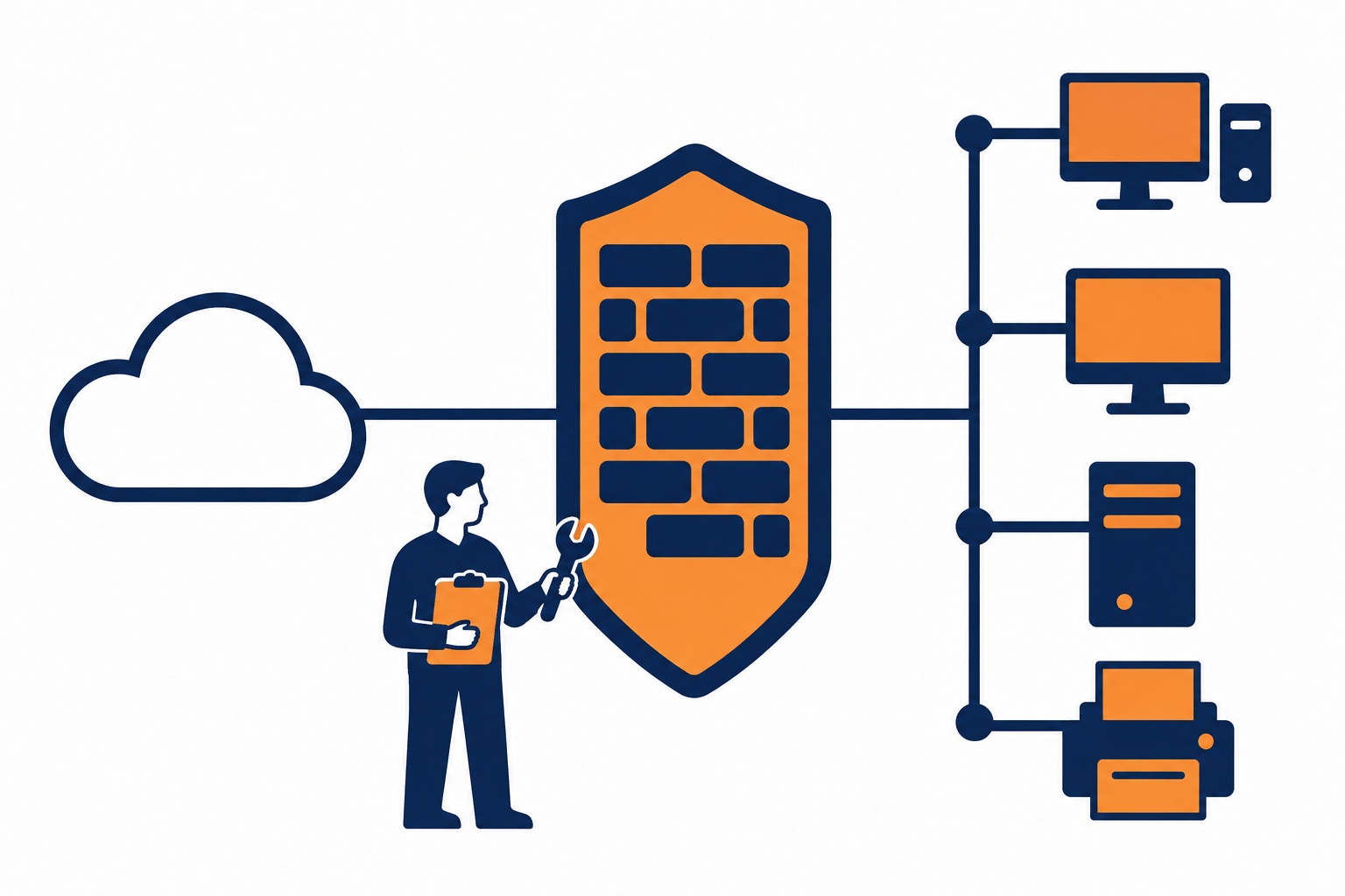 Managed firewall: flat vector of an internet connection passing through a maintained gateway into a business network.