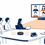 Meeting room technology: flat vector of a room with a wall screen showing remote participants, a camera bar covering the table, a table microphone, and a join panel.