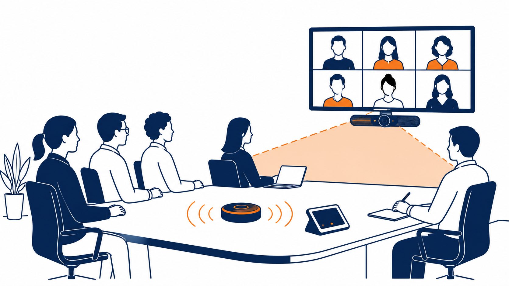 Meeting room technology: flat vector of a room with a wall screen showing remote participants, a camera bar covering the table, a table microphone, and a join panel.
